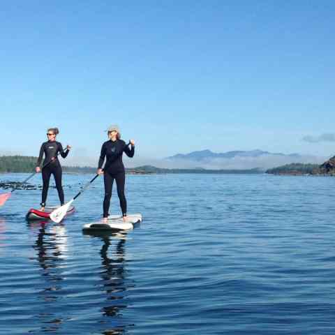 a group of people riding skis on a body of water