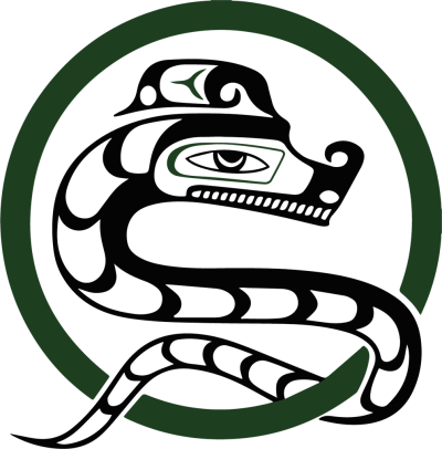 Stylized serpent with a hat inside a dark green circle.