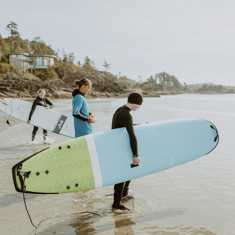 a group of people on a beach holding a surf board