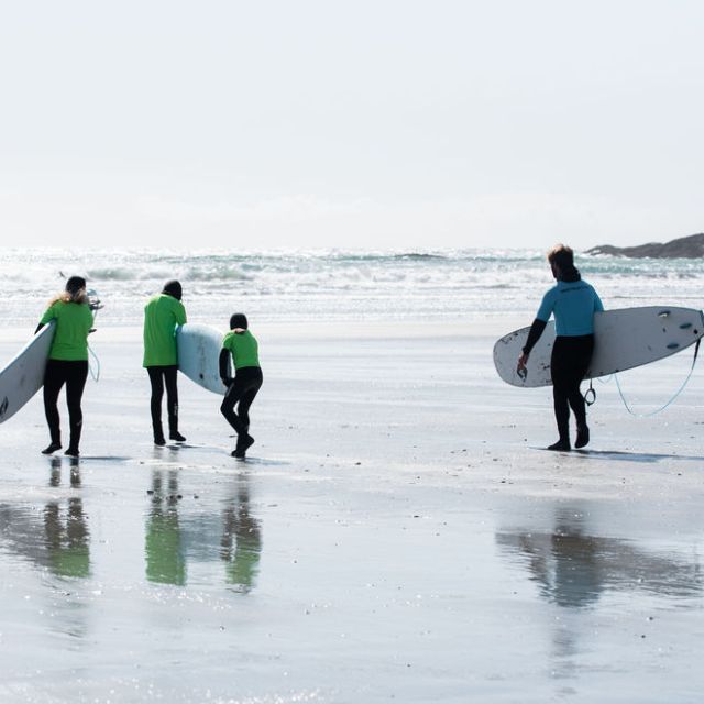a group of people walking on a beach holding a surfboard