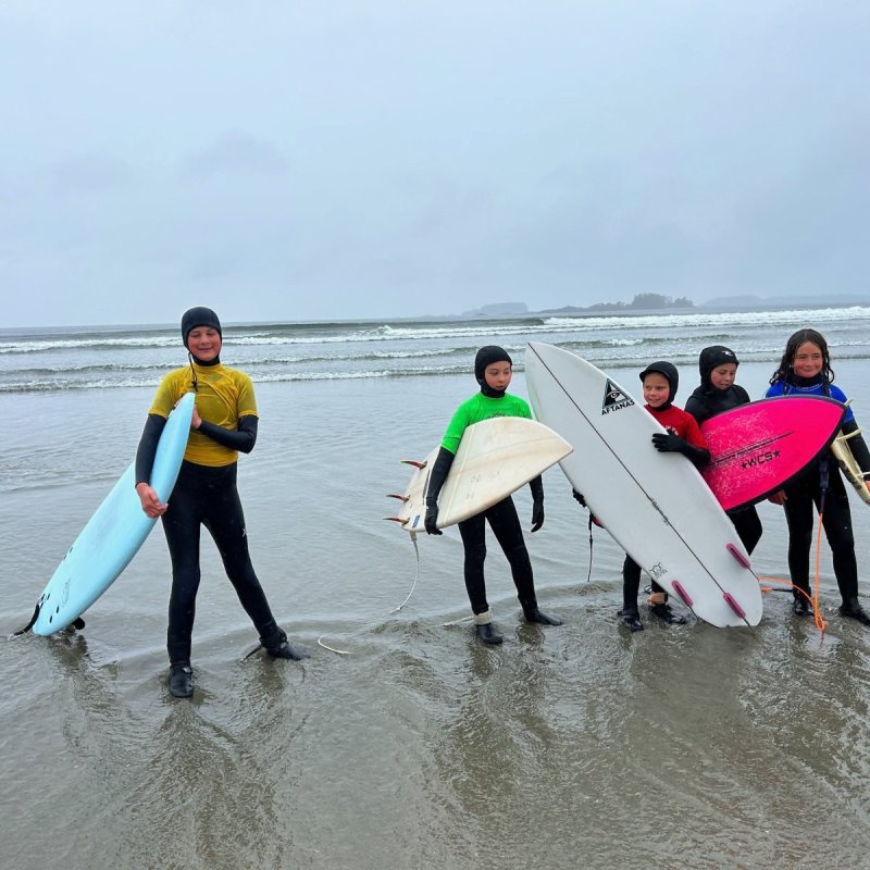 a group of people walking on a beach holding a surfboard